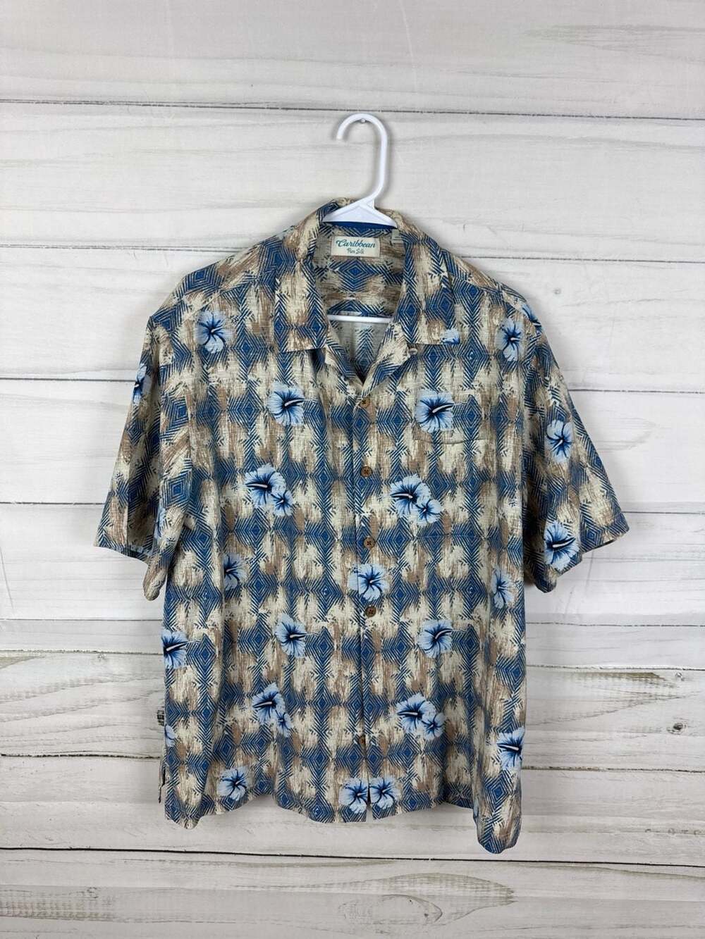 Caribbean Pure Silk Blue Hibiscus Geometric Hawaiian Shirt Size L
